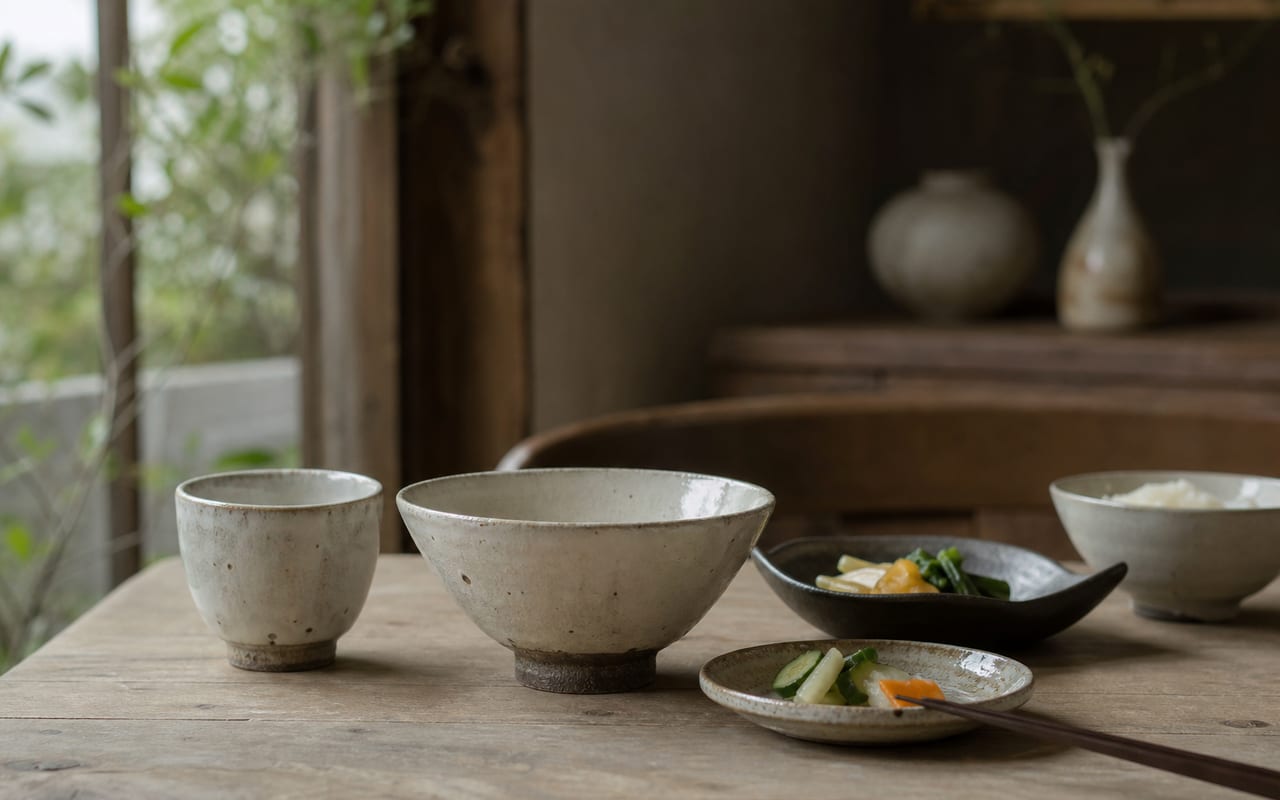 糠白釉の湯呑や茶碗など日常の食器